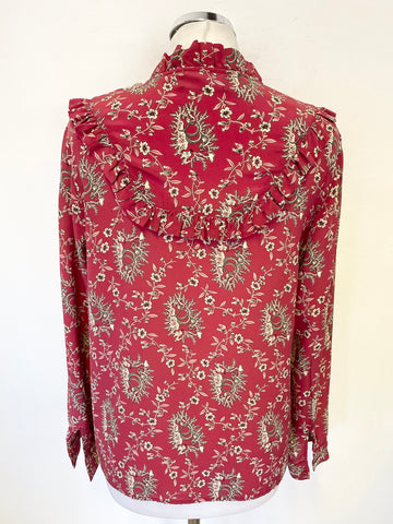 THE KOOPLES RED & CREAM FLORAL PRINT 100% SILK LONG SLEEVED BLOUSE SIZE S
