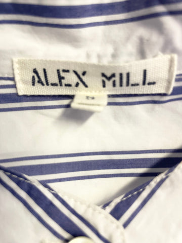 ALEX MILL BLUE & WHITE STRIPE 100% COTTON COLLARLESS LONG SLEEVE FRILL CUFF SHIRT SIZE S