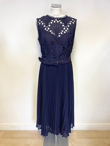 PHASE EIGHT NAVY BLUE LACE BODICE BELTED KNIFE PLEATED MIDI DRESS SIZE 12