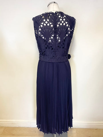 PHASE EIGHT NAVY BLUE LACE BODICE BELTED KNIFE PLEATED MIDI DRESS SIZE 12