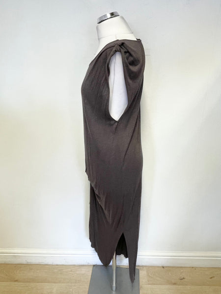 all saints riviera jersey dress BROWN DRAPED FRONT SLEEVELESS SIZE L – Whispers Dress Agency Maxi dress