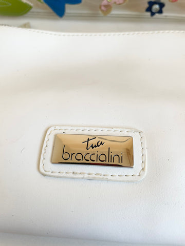 TULA BRACCIALINI WHITE & PERSPEX FLOWER EMBELLISHED TOTE BAG & WHITE ZIP COSMETIC BAG