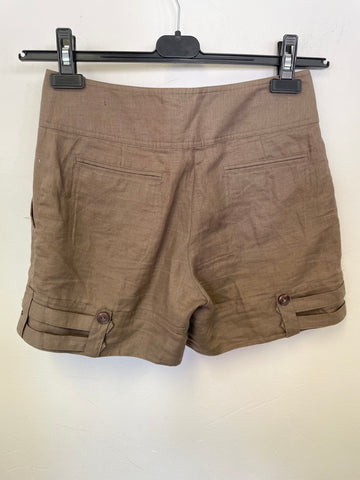 REISS ANNABEL 100% LINEN BROWN TAB & BUTTON TRIMMED SHORTS SIZE 6