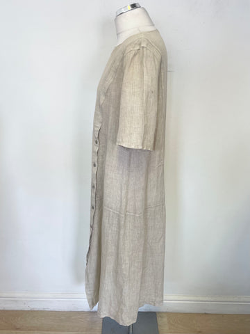 OSKA ECRU LINEN SIDE BUTTON FASTEN SHORT SLEEVED SHIFT DRESS SIZE 2 UK L/XL