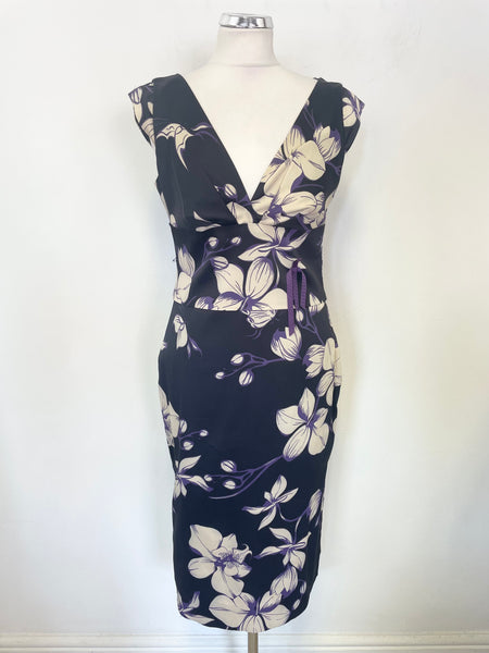 KAREN MILLEN NAVY, PURPLE & IVORY FLORAL PRINT CAP SLEEVED PENCIL DRES Whispers Dress Agency KAREN MILLEN NAVY, PURPLE & IVORY FLORAL PRINT CAP SLEEVED PENCIL DRES Whispers Dress Agency