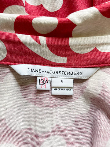 DIANE VON FURSTENBERG RED & OFF WHITE PRINT 100% SILK WRAP DRESS SIZE 8 UK 12