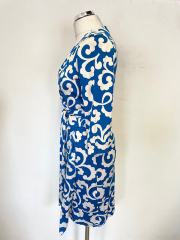 DIANE VON FURSTENBERG BLUE & OFF WHITE PRINT 100% SILK WRAP DRESS SIZE 8 UK 12