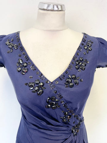 WHISTLES NAVY BLUE 100% SILK BEAD & SEQUIN TRIMMED PENCIL DRESS SIZE 8