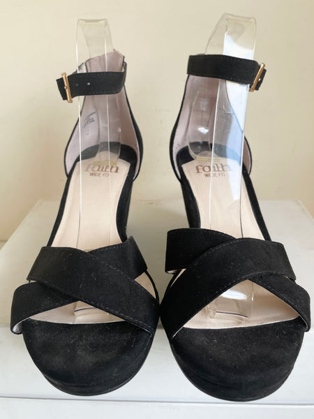 FAITH BLACK SUEDETTE STRAPPY WEDGE HEEL SANDALS SIZE 4/37 WIDE FIT