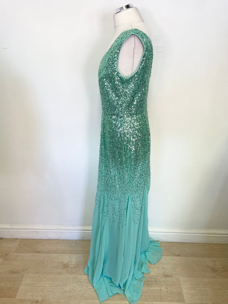 QUIZ GREEN SEQUINNED BODICE FLOATY FISHTAIL SKIRT EVENING/PROM DRESS S Whispers Dress Agency QUIZ GREEN SEQUINNED BODICE FLOATY FISHTAIL SKIRT EVENING/PROM DRESS S Whispers Dress Agency