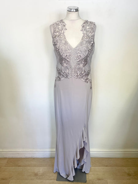 LIPSY VIP GREY LACE BODICE FRILLED FRONT SPLIT LONG EVENING/PROM DRESS Whispers Dress Agency LIPSY VIP GREY LACE BODICE FRILLED FRONT SPLIT LONG EVENING/PROM DRESS Whispers Dress Agency