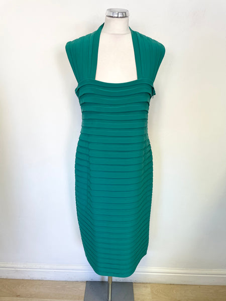 GINA BACCONI GREEN PLEATED SLEEVELESS STRETCH JERSEY PENCIL DRESS SIZE 18