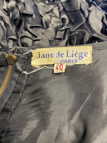 VINTAGE JANE DE LIEGE PARIS BLACK APPLIQUE TRIM MESH SKIRT A-LINE DRESS FIT UK 10