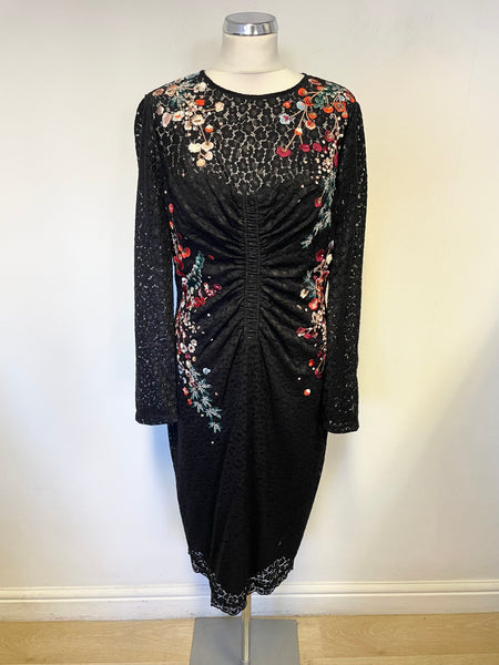 KAREN MILLEN BLACK LACE & FLORAL EMBROIDERED PENCIL DRESS SIZE 14 Whispers Dress Agency KAREN MILLEN BLACK LACE & FLORAL EMBROIDERED PENCIL DRESS SIZE 14 Whispers Dress Agency