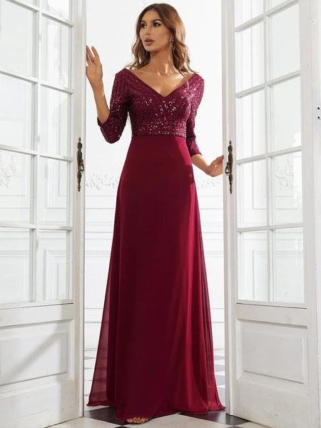 BRAND NEW EVER PRETTY BURGUNDY SEQUINNED BODICE 3 4 SLEEVE LONG EVENIN Whispers Dress Agency