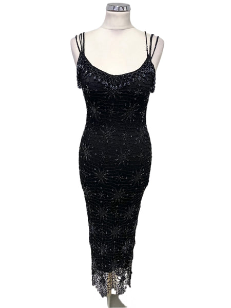 KAREN MILLEN BLACK BEADED CROCHET KNIT FINE STRAP EVENING DRESS SIZE 1 Whispers Dress Agency KAREN MILLEN BLACK BEADED CROCHET KNIT FINE STRAP EVENING DRESS SIZE 1 Whispers Dress Agency