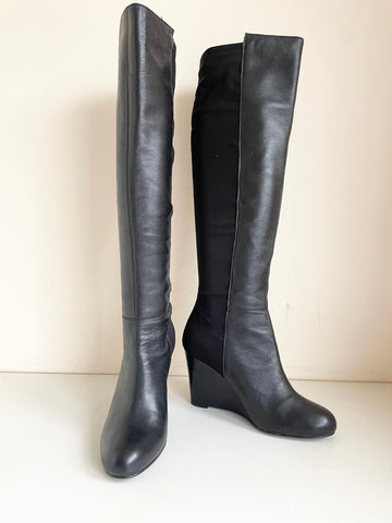 BODEN BLACK LEATHER 50/50 ELASTICATED REAR KNEE LENGTH WEDGE HEEL BOOTS SIZE 3.5/36