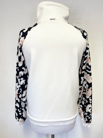 SANI BLU WHITE LONG PATTERNED SLEEVED ZIP FRONT TOP SIZE 34/ S