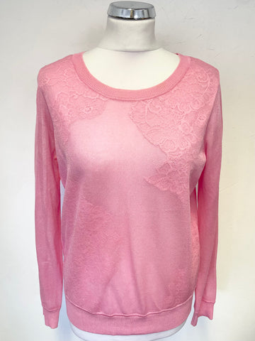SANDRO PARIS PINK LACE TRIM FINE KNIT ROUND NECK LONG SLEEVED PULLOVER SIZE M