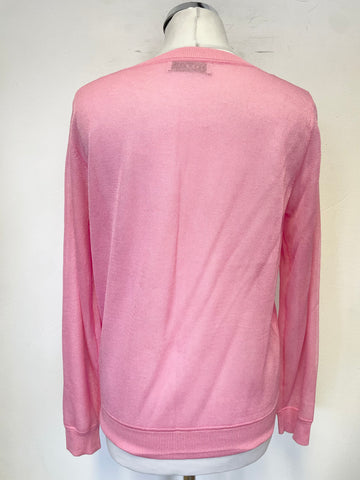SANDRO PARIS PINK LACE TRIM FINE KNIT ROUND NECK LONG SLEEVED PULLOVER SIZE M