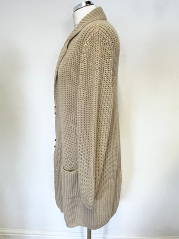 AMS PURE CAMEL CHUNKY RIB KNIT COLLARED LONG SLEEVED CARDIGAN SIZE 10