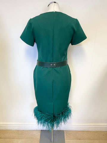 BRAND NEW HF EMERALD GREEN SHORT SLEEVED FEATHER TRIM PENCIL DRESS SIZE S/M