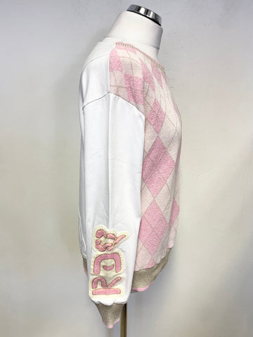ELISA CAVALETTI WHITE WITH PINK & GOLD DIAMOND KNIT FRONT LONG SLEEVED SWEATSHIRT TOP SIZE 12
