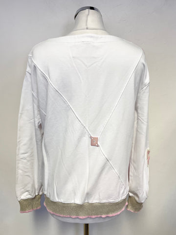ELISA CAVALETTI WHITE WITH PINK & GOLD DIAMOND KNIT FRONT LONG SLEEVED SWEATSHIRT TOP SIZE 12