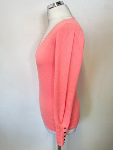COCOA 100% CASHMERE BRIGHT CORAL V NECK LONG SLEEVED JUMPER SIZE S