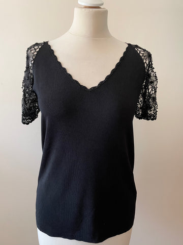 CASAMIA BLACK FINE RIB KNIT TOP WITH BEADED LACE SHORT SLEEVES SIZE S