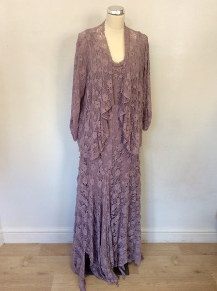 CHESCA PALE HEATHER CINDERELLA LACE BEADED TRIM LONG DRESS SHRUG