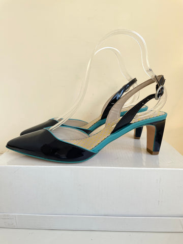BRAND NEW BODEN NAVY BLUE & TURQUOISE PATENT LEATHER SLINGBACK HEELS SIZE 4.5/37.5