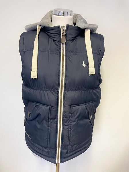 JACK WILLS NAVY BLUE PADDED WITH GREY DETACHABLE HOOD GILET SIZE S