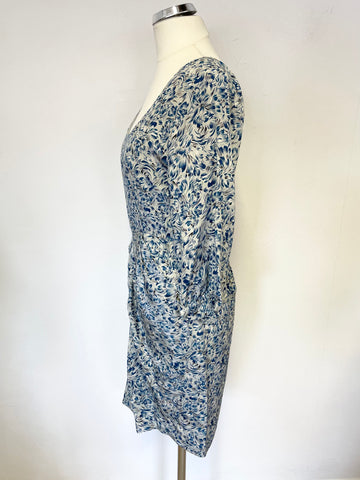 DRESS GALLERY DAPHNE BLUE PRINT SILK 3/4 SLEEVE PENCIL DRESS SIZE 2 UK 10