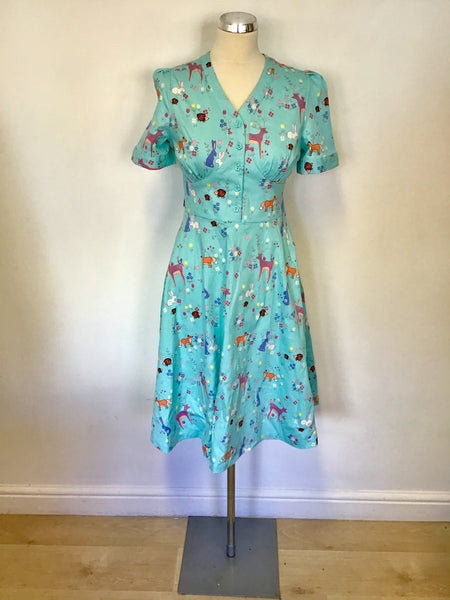 LINDY BOP IONIA AQUA GREEN FOREST ANIMAL PRINT DRESS SIZE 10