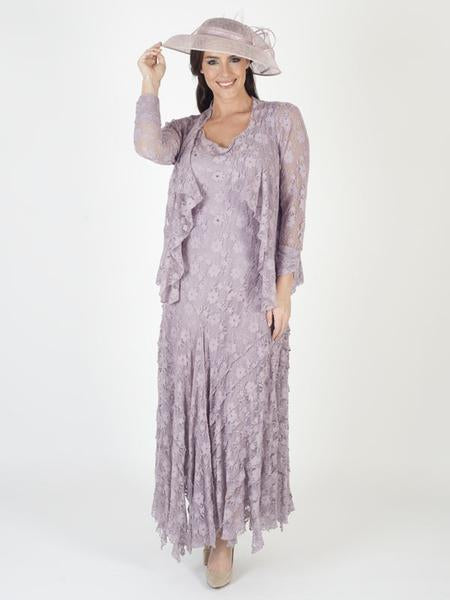 CHESCA PALE HEATHER CINDERELLA LACE BEADED TRIM LONG DRESS SHRUG