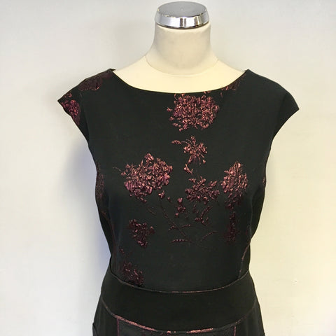 PHASE EIGHT BLACK & WINE FLORAL EMBROSSED PRINT PENCIL DRESS SIZE 20