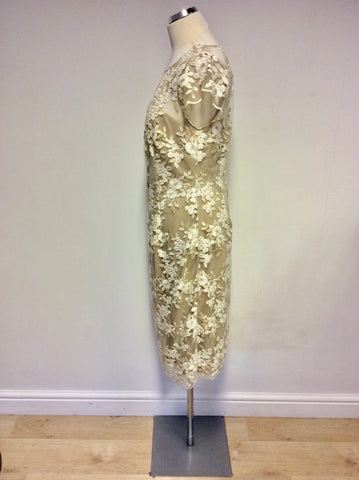 BRAND NEW GINA BACCONI GOLD & WHITE EMBROIDERED SPECIAL OCCASION DRESS SIZE 14