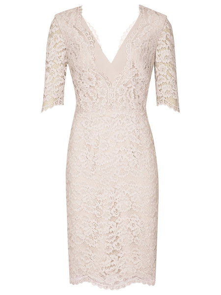 REISS DAHLIA NUDE SHORT SLEEVE LACE SPECIAL OCCASION PENCIL DRESS SIZE 14