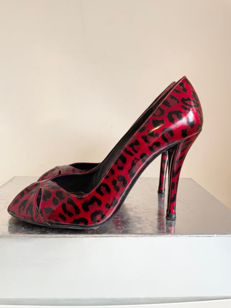 STUART WEITZMAN RED BLACK LEOPARD PRINT PATENT LEATHER HEELS AND