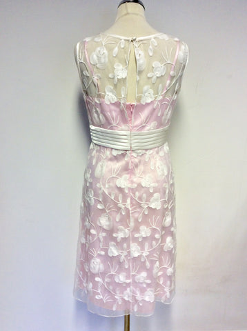 BRAND NEW DRESS CODE BY VEROMIA PINK LINED & SHEER WHITE EMBROIDERED OVERLAY DRESS & SHEER DUSTER COAT SIZE 10