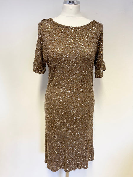 JIGSAW LIGHT BROWN & GOLD SEQUINNED SHORT SLEEVE SHIFT DRESS SIZE S Whispers Dress Agency JIGSAW LIGHT BROWN & GOLD SEQUINNED SHORT SLEEVE SHIFT DRESS SIZE S Whispers Dress Agency