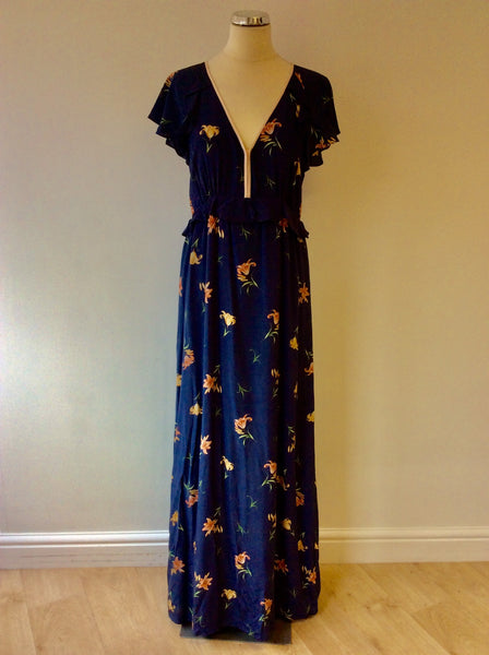 FRENCH CONNECTION DARK BLUE FLORAL PRINT SILK MAXI DRESS SIZE 12 Whispers Dress Agency FRENCH CONNECTION DARK BLUE FLORAL PRINT SILK MAXI DRESS SIZE 12 Whispers Dress Agency