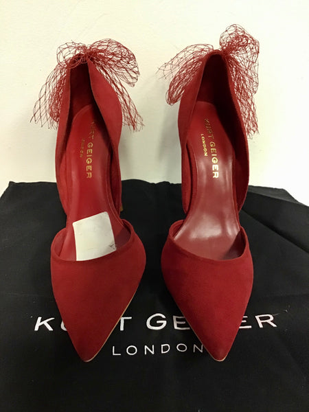 BRAND NEW KURT GEIGER RED SUEDE WITH NET BOW TRIM HEELS SIZE 7/40