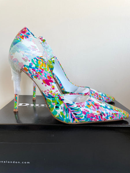 BRAND NEW DUNE MULTI COLOURED PATENT FLORAL PRINT HEELS & MATCHING