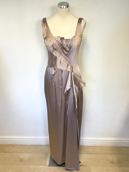 KAREN MILLEN OYSTER BEIGE SATIN LONG SPECIAL OCCASION/ EVENING DRESS S Whispers Dress Agency KAREN MILLEN OYSTER BEIGE SATIN LONG SPECIAL OCCASION/ EVENING DRESS S Whispers Dress Agency
