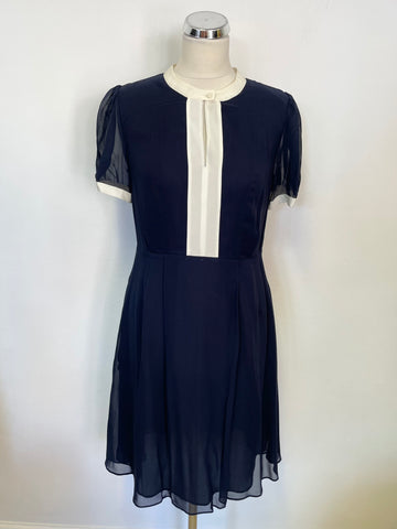 SOMERSET BY ALICE TEMPERLEY NAVY & IVORY TRIM SILK FIT & FLARE DRESS SIZE 10