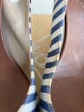 CHRISTIAN LOUBOUTIN BLUE & WHITE CANVAS STRIPE WITH RED TRIM WEDGE HEELS SIZE 5/38