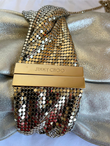 JIMMY CHOO CHANDRA SILVER METALLIC SUEDE CHAIN STRAP CLUTCH/ SHOULDER EVENING BAG