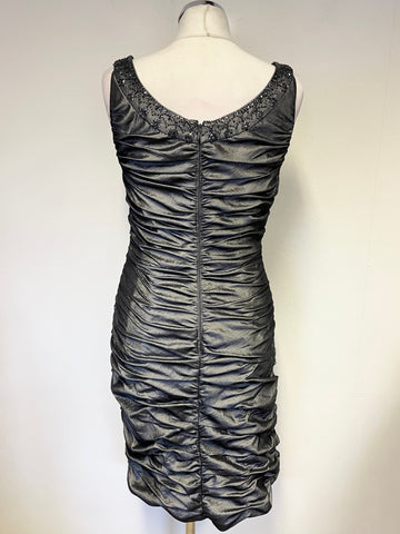 CACHET PEWTER BEAD TRIMMED RUCHED SLEEVELESS COCKTAIL PENCIL DRESS SIZE 8 UK 12